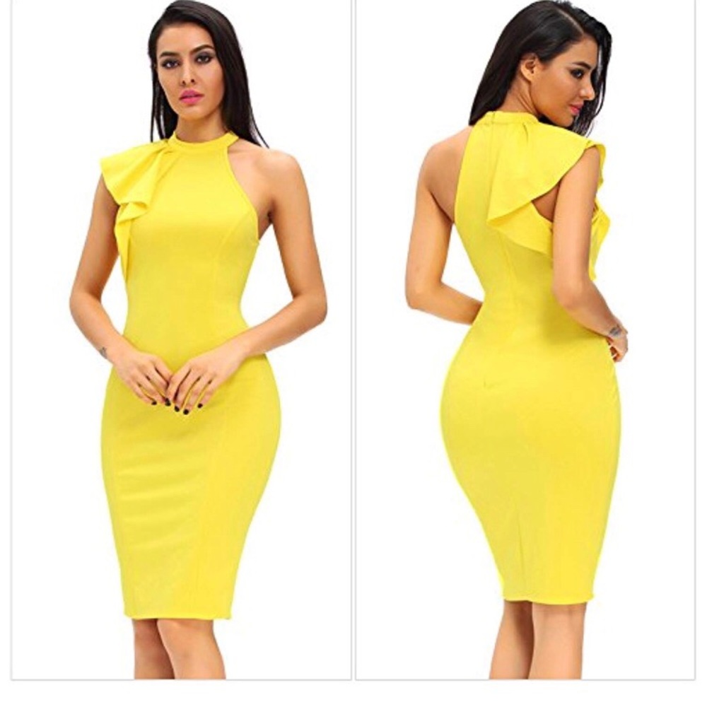 Ruffle Sleeve One Shoulder Midi Bodycon Dress